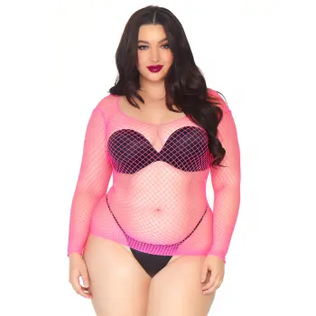 Neon Pink Fishnet Long Sleeve Plus Size Shirt